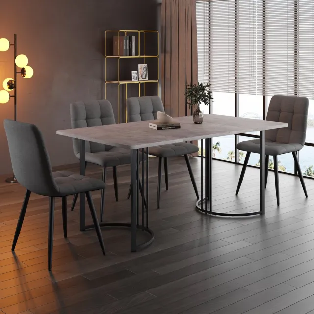 OKWISH Eettafelset Met 4 Stoelen - Marmerlook Tafel 140x80x75 Cm - Verstelbare Poten - MDF Grijs - Metalen Onderstel Zwart Donkergrijs