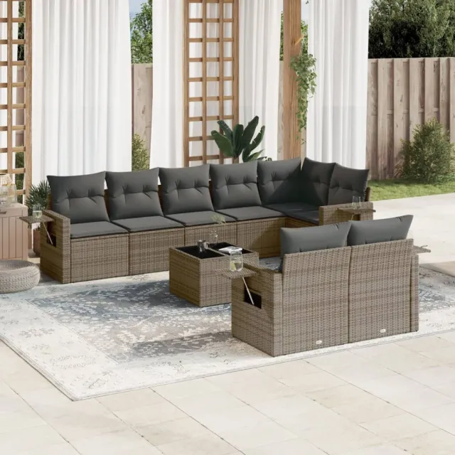 vidaXL 9-delige Loungeset met kussens poly rattan grijs, foto 2