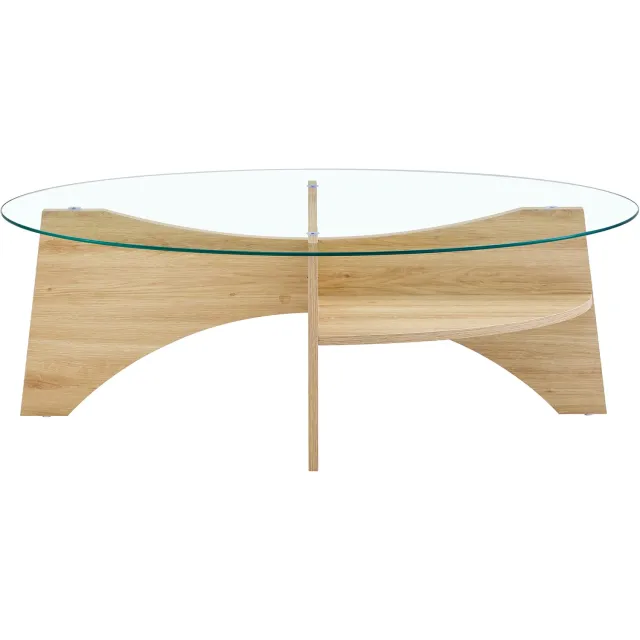 SONNENH Salontafel - Glazen blad en waaiervormig onderstel - 104,9 x 60 x 35,6 cm - Transparant/naturel houtlook