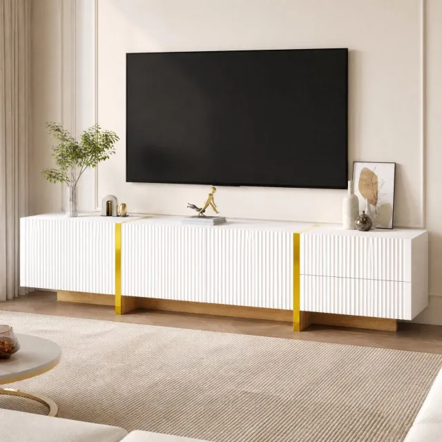 MEUNIQ TV-meubel 190 cm breed met 2 lades, 3 deuren en dempingsscharnieren – witte tv-kast met goud en houtnerf voor woonkamer
