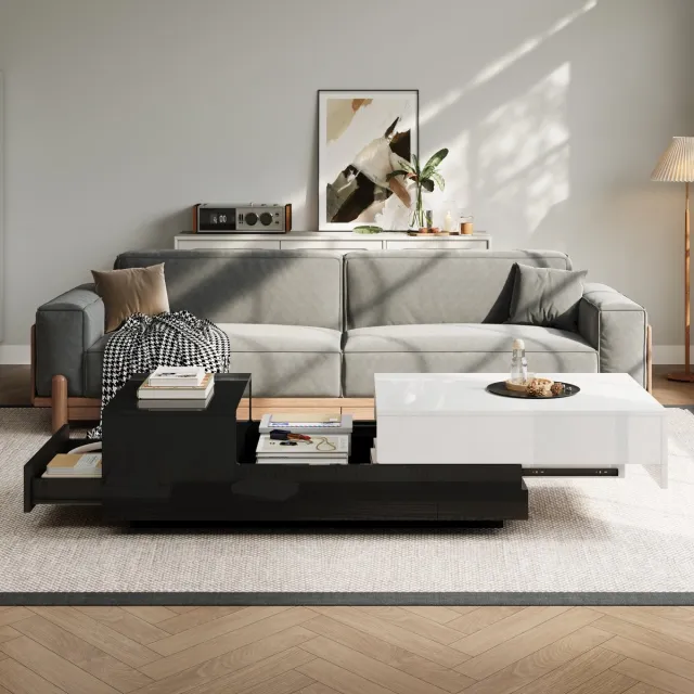 MODFU Hoge glans salontafel zwart-wit 100x50x38 cm met schuifbaar blad, 1 lade, geometrisch design en ruime opbergruimte