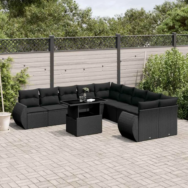 vidaXL 11-delige Loungeset met kussens poly rattan zwart, foto 2
