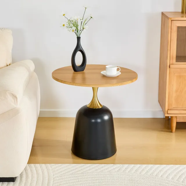 MEUNIQ Ronde bijzettafel Ø 60 cm met metalen onderstel en melamine blad in houtlook, moderne tafel voor woonkamer, slaapkamer of kantoor Houtkleur