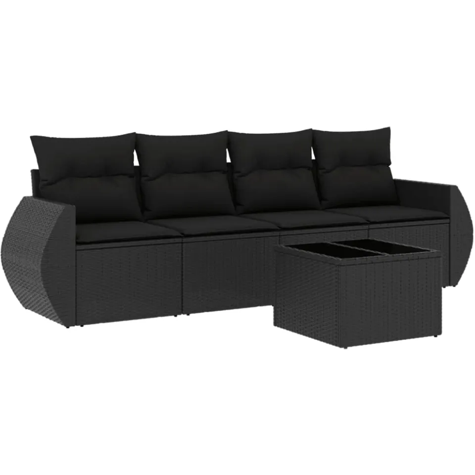 vidaXL 5-delige Loungeset met kussens poly rattan zwart, foto 3