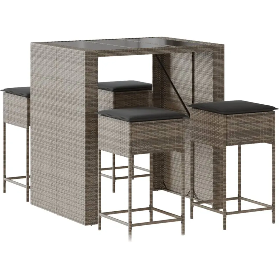 vidaXL 5-delige Tuinbarset met kussens poly rattan grijs