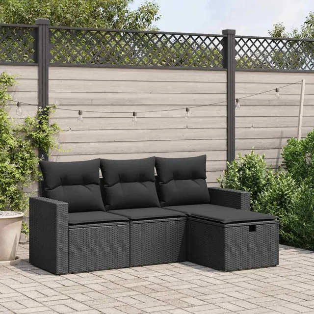 vidaXL 4-delige Loungeset met kussens poly rattan zwart, foto 2