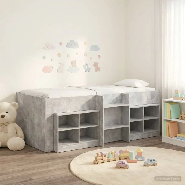 vidaXL Loft Bed Frame met Kast met plank 3 st Betongrijs Bewerkt hout