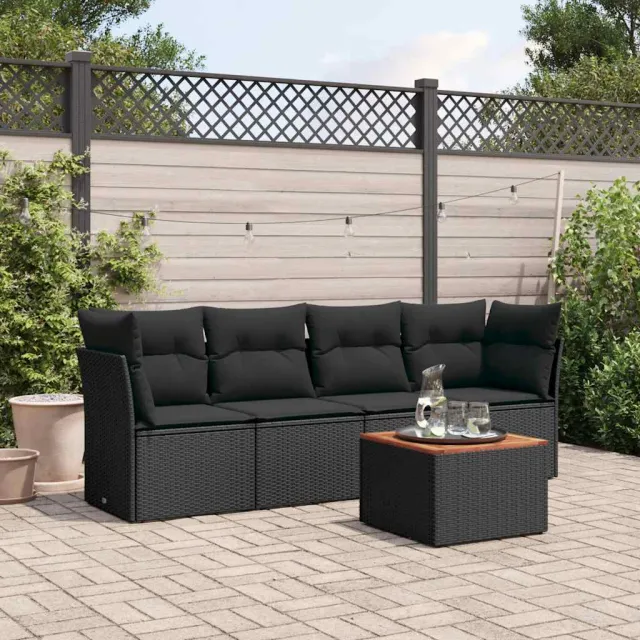 vidaXL 5-delige Loungeset met kussens poly rattan zwart, foto 2