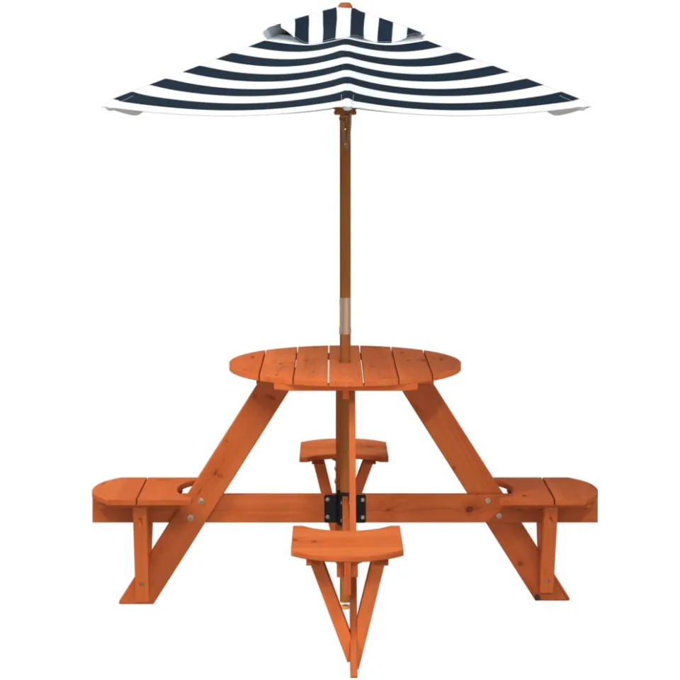 vidaXL Picknicktafel voor 4 kinderen met parasol rond vurenhout Bruin