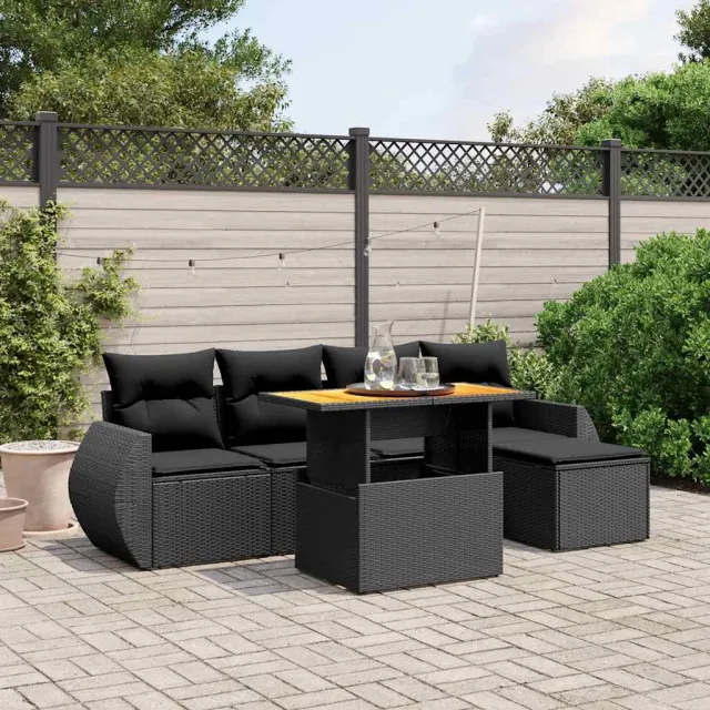 vidaXL 6-delige Loungeset met kussens poly rattan zwart, foto 2