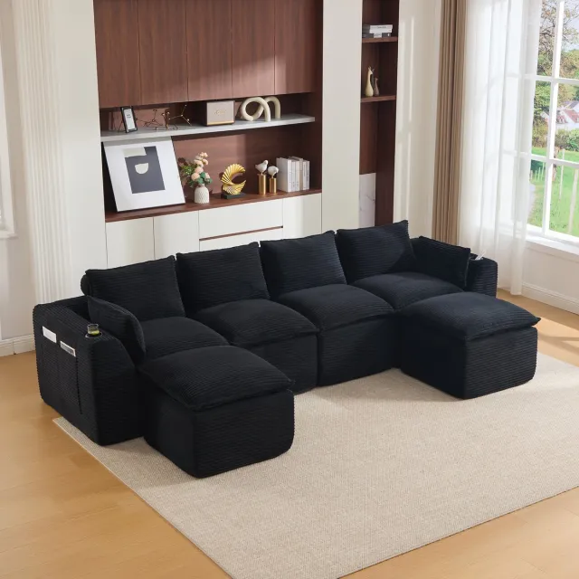MIVRAY Modulaire Hoekbank 322 x 161 cm - Vrij Combineerbaar Met Zijvakken En Kussens - Voor Woonkamer En Kantoor - Cord Zwart