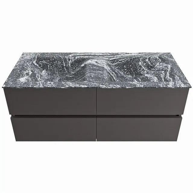 Mondiaz VICA-DLUX 120cm badmeubel onderkast Dark grey 4 lades. Inbouw wastafel CLOUD dubbel zonder kraangat, kleur Lava.