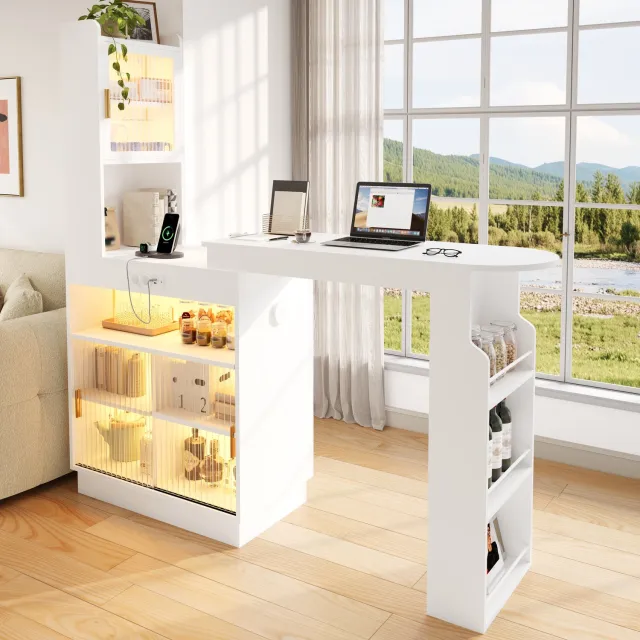 VVBV Bartafel met Opbergruimte – Bluetooth LED, App-Bediening, USB/Type-C, Stopcontact, In Hoogte Verstelbaar, Uitschuifbaar, Verstelbare Planken Wit