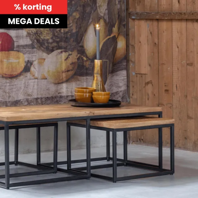 Mahom Mangohouten Salontafelset Miami met 3 tafeltjes Mahom Industrieel - Kleine tafel van Mangohout & Metaal - Industriële Huiskamertafel Bruin
