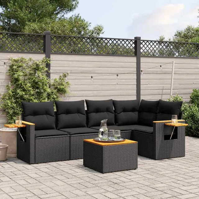 vidaXL 6-delige Loungeset met kussens poly rattan zwart, foto 2