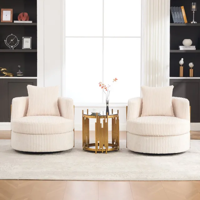 COVREO Fauteuil 76x79x78 cm beige corduroy, 360° draaibaar met opbergruimte