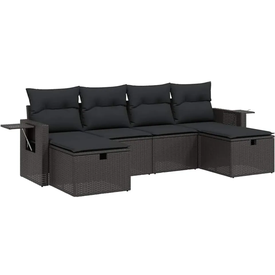 vidaXL 6-delige Loungeset met kussens poly rattan zwart, foto 3