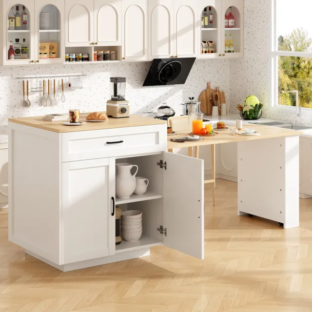 DESMIU Bartafel - Uitschuifbaar Met Opbergruimte En Wielen - Voor Keuken En Eethoek - MDF - 133-202x70x93,5 Cm - Wit