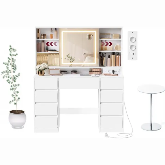 Homesy Kaptafel met spiegel en ledverlichting, stekkerdoos, 9 lades, 10x vergrotende spiegel, 3 lichtkleuren, verstelbare planken, wolkenwit