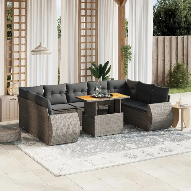 vidaXL 10-delige Loungeset met kussens poly rattan grijs, foto 2