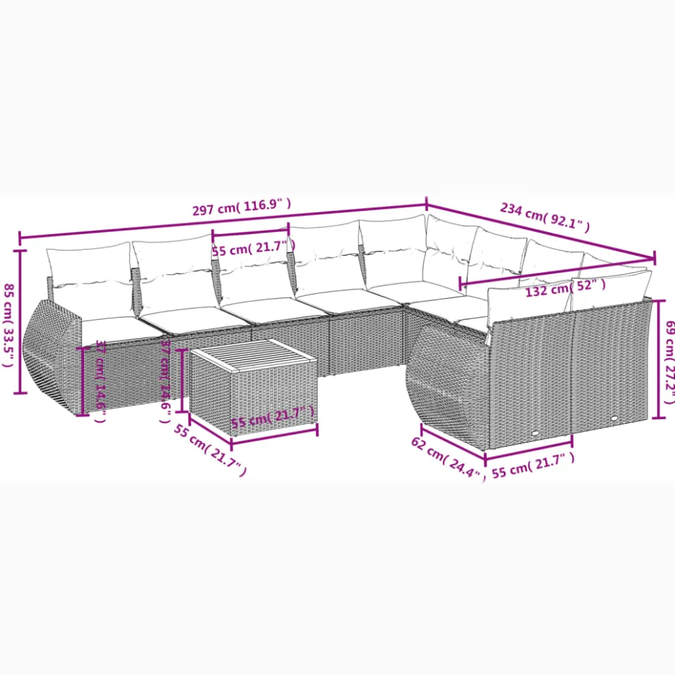 vidaXL 10-delige Loungeset met kussens poly rattan grijs, foto 3