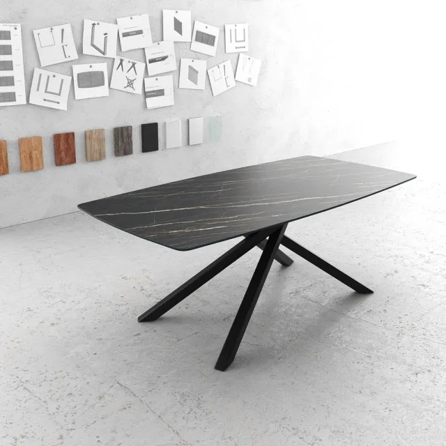 DELIFE Eettafel Edge bootsvorm 200x100cm Laminam® keramiek bruin middenvoet kruis zwart