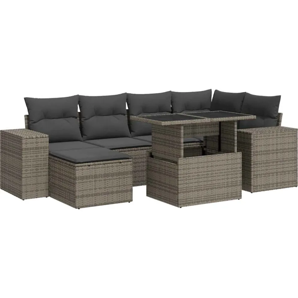 vidaXL 7-delige Loungeset met kussens poly rattan grijs, foto 3