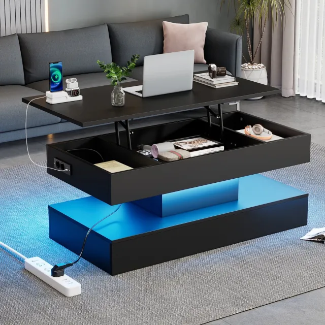 DESMIU Salontafel Met Verstelbaar Blad, Led Verlichting En Verborgen Opbergruimte Voor Woonkamer En Werkplek, Zwart, 100 X 50 X 42 Cm