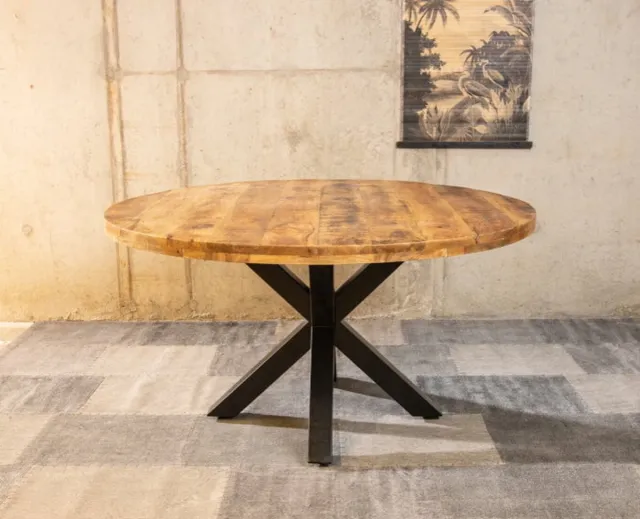 Meubelplaats Ronde Mango Eettafel Spider 130x130x77 cm - 5 cm dik blad - Industrieel Design - Extra dik blad - Massief Mangohout Bruin