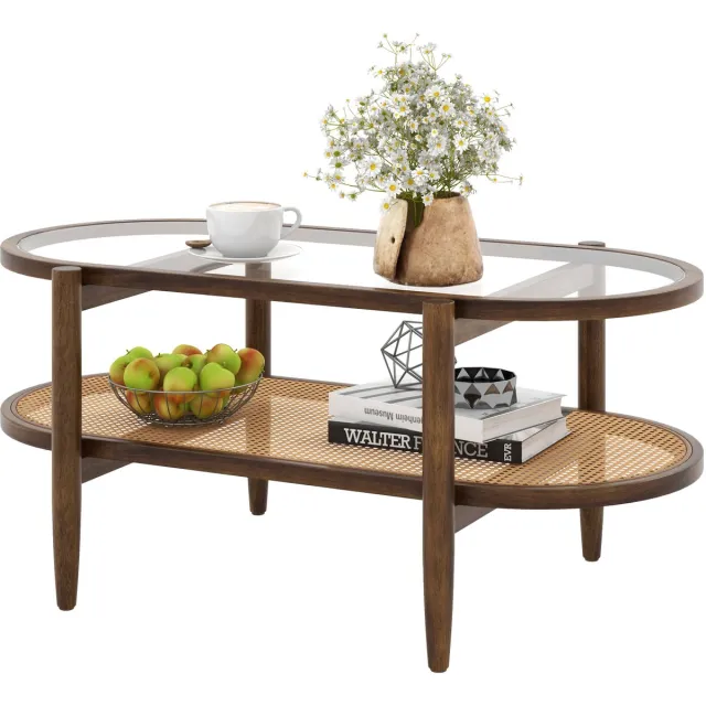 Costway Salontafel, bijzettafel met glazen tafelblad en rotan plank, woonkamertafel met houten poten en houten frame, koffietafel voor woonkamer, kantoor, 102 x 56 x 47 cm Bruin