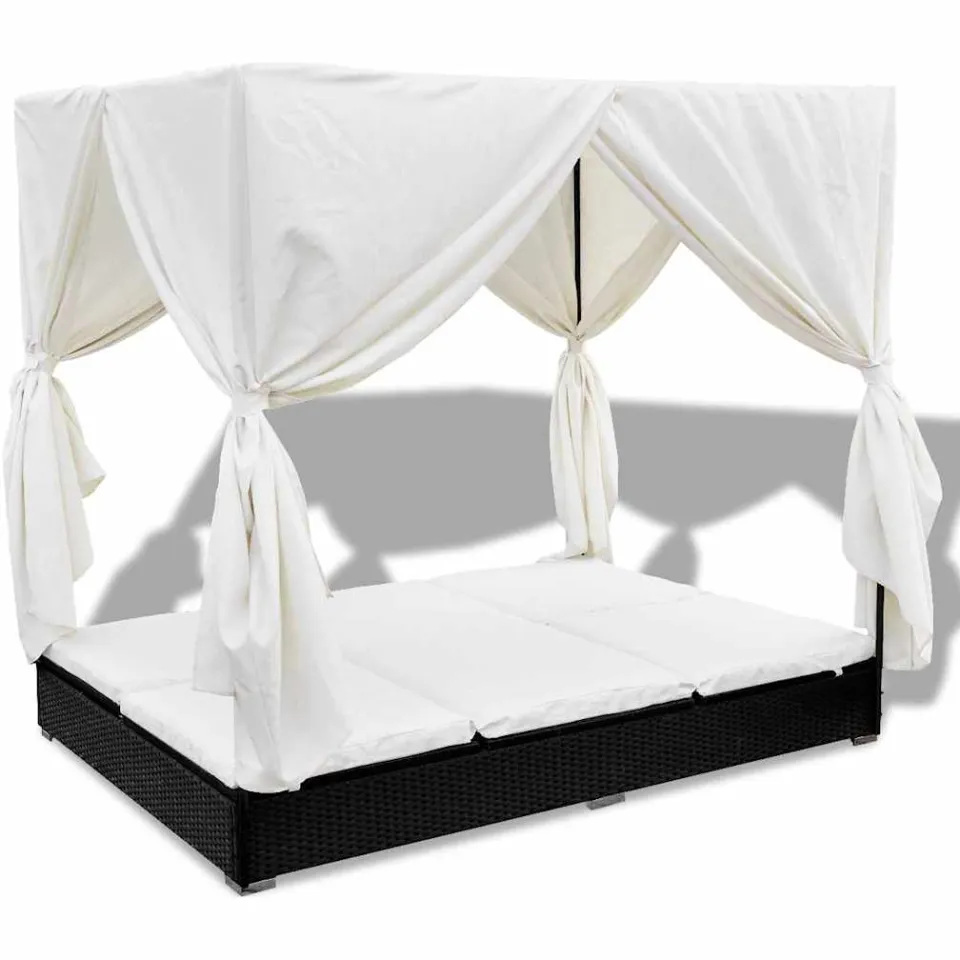 vidaXL Loungebed met gordijnen poly rattan zwart