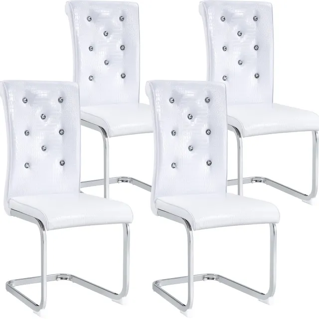 Eetkamerstoelen set van 4 - ROLIPO - witte kunstleren eetkamerstoel in krokodillenlook - retro design stoel met kristalknop en chroom metalen poten - keukenstoel / diningstoel - 57 x 41 x 101,5 cm