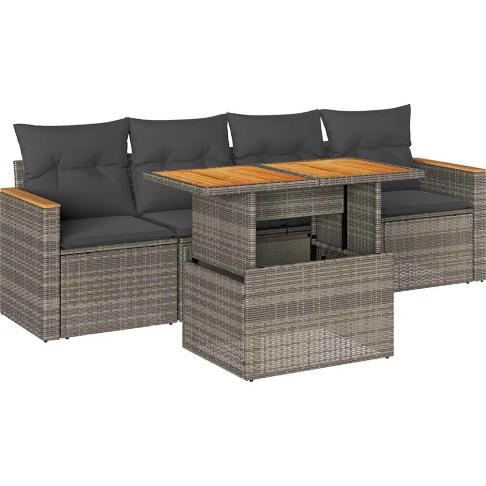 vidaXL 5-delige Loungeset met kussens poly rattan acacia grijs, foto 3