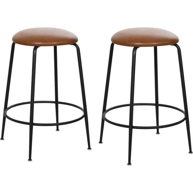 HTfurniture Bruine Barkrukjes set van 2 - PU Gewatteerde barkruk - ijzere poeten zwart - Modern