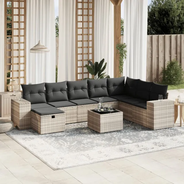 vidaXL 9-delige Loungeset met kussens poly rattan lichtgrijs grijs, foto 2