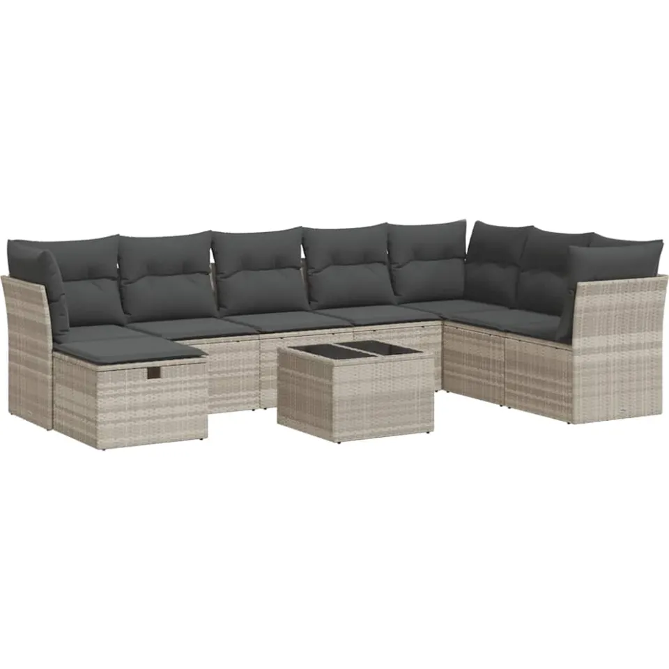 vidaXL 9-delige Loungeset met kussens poly rattan lichtgrijs grijs, foto 3