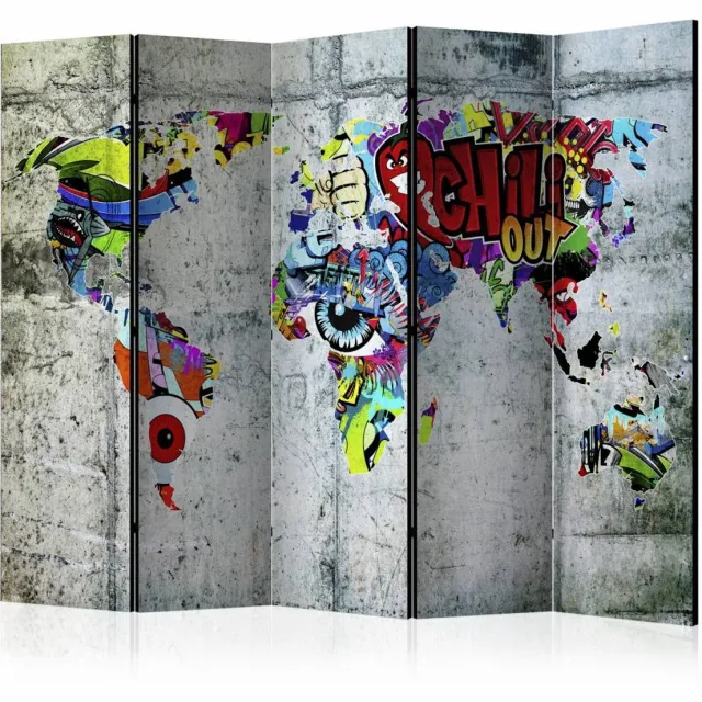 karo-art Vouwscherm - Graffiti Wereld 225x172cm , gemonteerd geleverd, dubbelzijdig geprint (kamerscherm) Multikleur