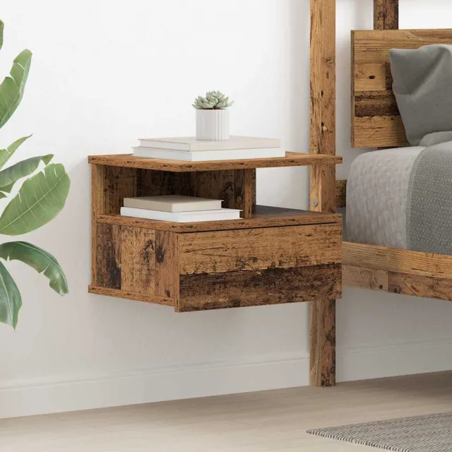 vidaXL Vliegend Nachtkastje Oudhout 40 x 31 x 28 cm Bewerkt hout bruin, foto 2