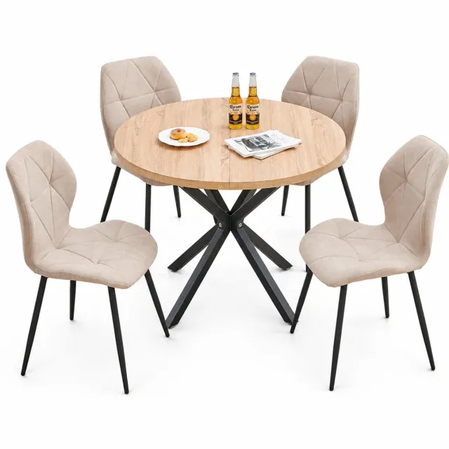 Brandistry Ronde Eetkamer Set - 4 Stoelen met Ronde Eettafel - Eetkamer Tafel - Eetkamer Stoelen - Gestoffeerde Stoelen - Beige