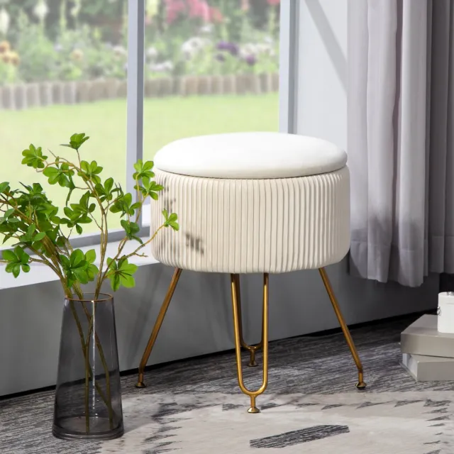 COVREO Voetenbankje met opbergruimte, Ø40 x 48 cm, cream white, stof, met deksel Crèmewit