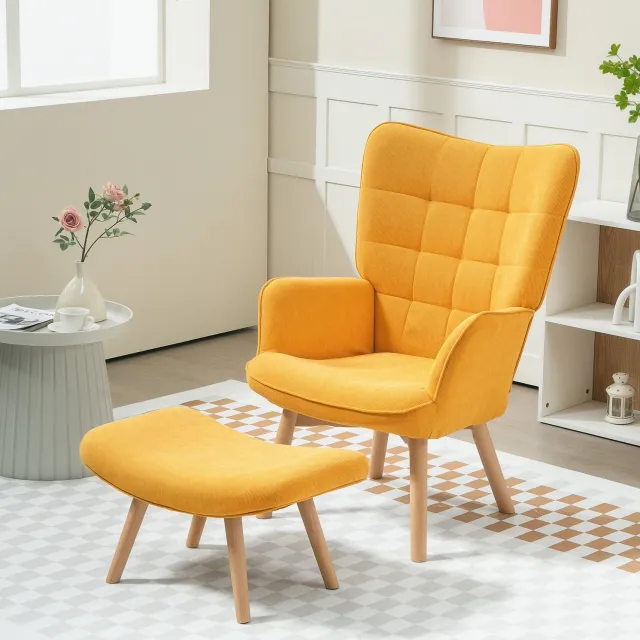 MODENUIT Oorfauteuil 72 x 80 x 101 cm - Met Hocker en Armleuningen - Voor de Woonkamer - Polyester - Oranje Oranjegeel