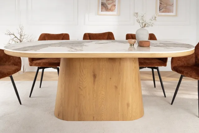 Invicta Interior Ovale eettafel UNIQUE 200 cm wit natuurlijk keramiek eiken kolomvoet - 46381 Zie omschrijving