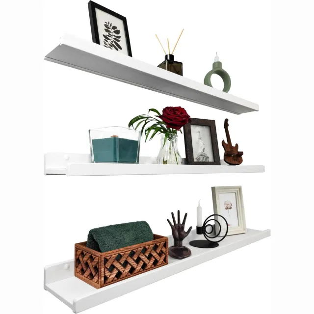 HOOMTAOOK Houten wigvormige wandplank wit 90 cm, set van 3 houten wandplanken, hangende plank, wandplank, moderne zwevende plank, smalle schilderijlijst voor badkamer, woonkamer, keuken, slaapkamer