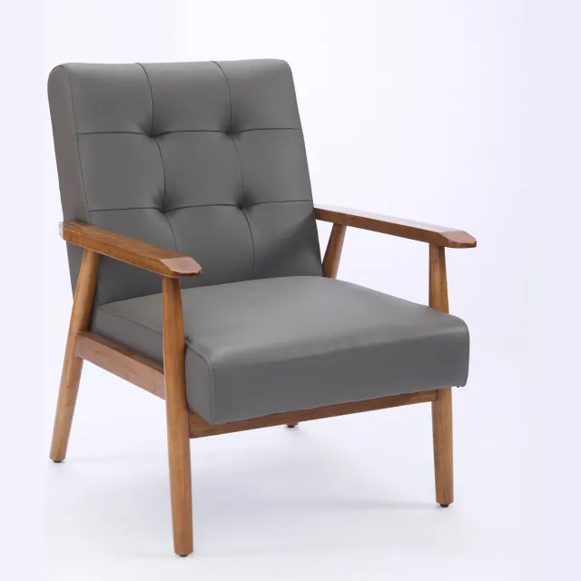 Clruro Lounge Stoel - Echt Leder - Walnoot Armleuningen en Rubberhout Poten - Comfortabele Woonkamerstoel Grijs