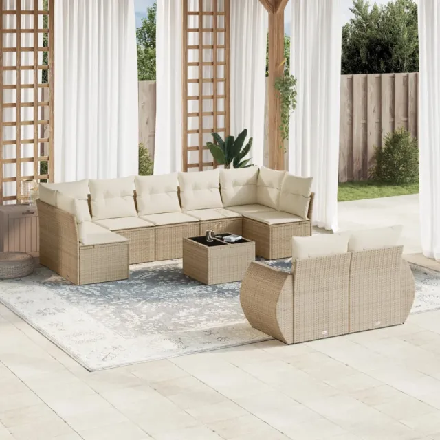 vidaXL 10-delige Loungeset met kussens poly rattan beige, foto 2