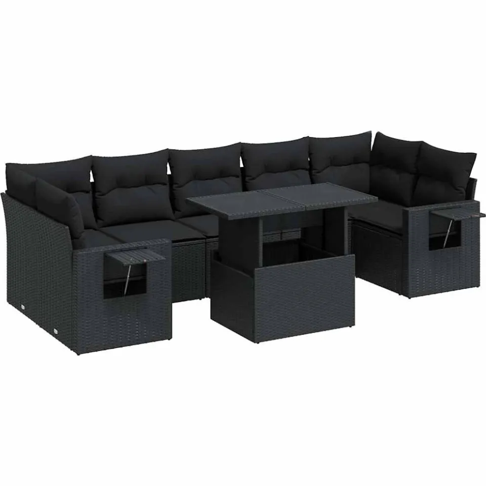 vidaXL 8-delige Loungeset met kussens poly rattan zwart, foto 3