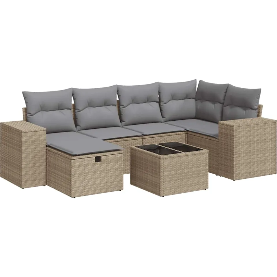 vidaXL 7-delige Loungeset met kussens poly rattan beige, foto 3