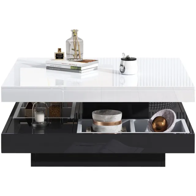 Merax Draaibare Salontafel met Opbergruimte – Hoogglans Wit met Zwart Onderstel – Vierkant – 360° Roterend – 70x70x36 cm
