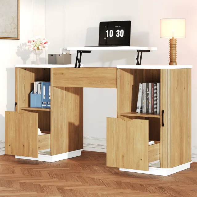 STILVORA Bureau Met Opbergkasten - Handmatig In Hoogte Verstelbaar Met Klapvak - Voor Thuiskantoor - MDF - 140x50x78-92 Cm - Wit Eiken Wit en eikenhout