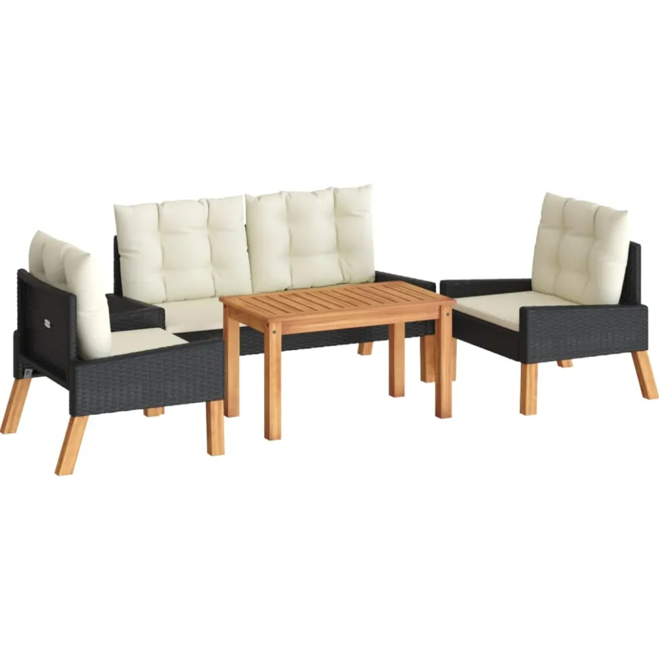 vidaXL 4-delige Loungeset met kussens poly rattan en massief hout zwart, foto 3